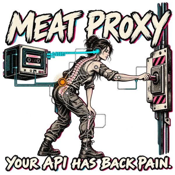 MEAT PROXY: a human receives a cyan machine signal and pulls a physical switch, with an amber lower-back fault callout. YOUR API HAS BACK PAIN.