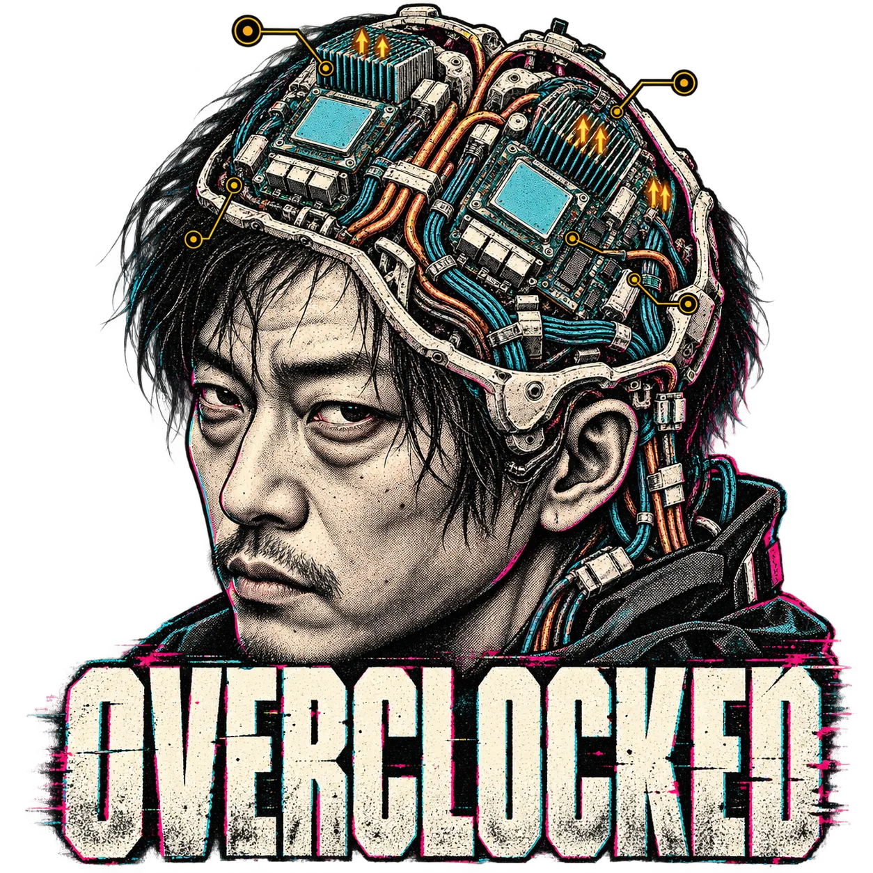 OVERCLOCKED: a living person's open cranial casing exposes a cybernetic brain made of processors, heat sinks and cable bundles, with amber thermal callouts.