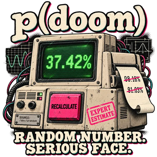 p(doom): a beige instrument displays 37.42%, with a RECALCULATE button, crossed-out estimates and a SOURCE: /dev/urandom plate. RANDOM NUMBER. SERIOUS FACE.