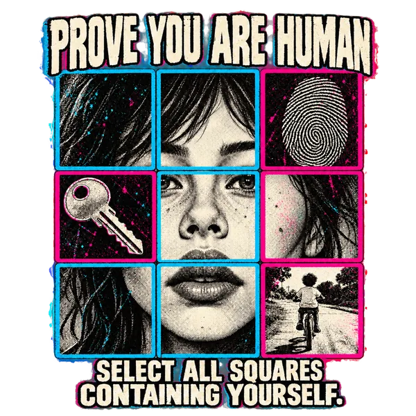PROVE YOU ARE HUMAN: a nine-tile CAPTCHA fragments a person's face with a fingerprint, key and cycling memory. SELECT ALL SQUARES CONTAINING YOURSELF.